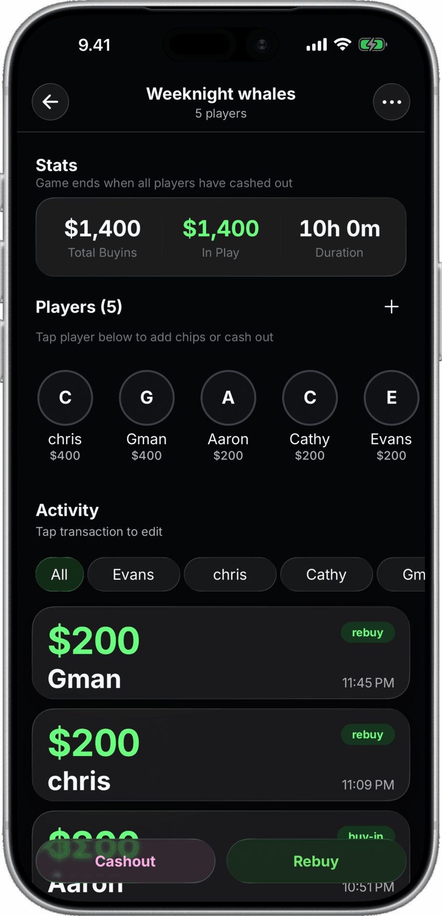 A live game in Pokertally with every buy-in and rebuy